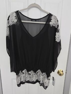 Apt. 9 Black Sheer Blouse with White Lace Accents